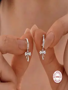 S925 Sterling Silver Bowknot CZ Huggie Hoop Earrings, Hypoallergenic Dainty Bow Drop Dangle Earrings in Silver/Gold Plated, Minimalist Cubic Zirconia Earrings for Women Girls, Ideal Gift for Daily & Special Occasions