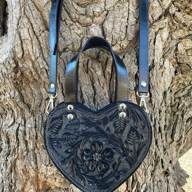 Corazon Handbag - Heart-Shaped Cowhide Leather with Floral Design, Silver Tone Hardware, Removable and Adjustable Crossbody Straps