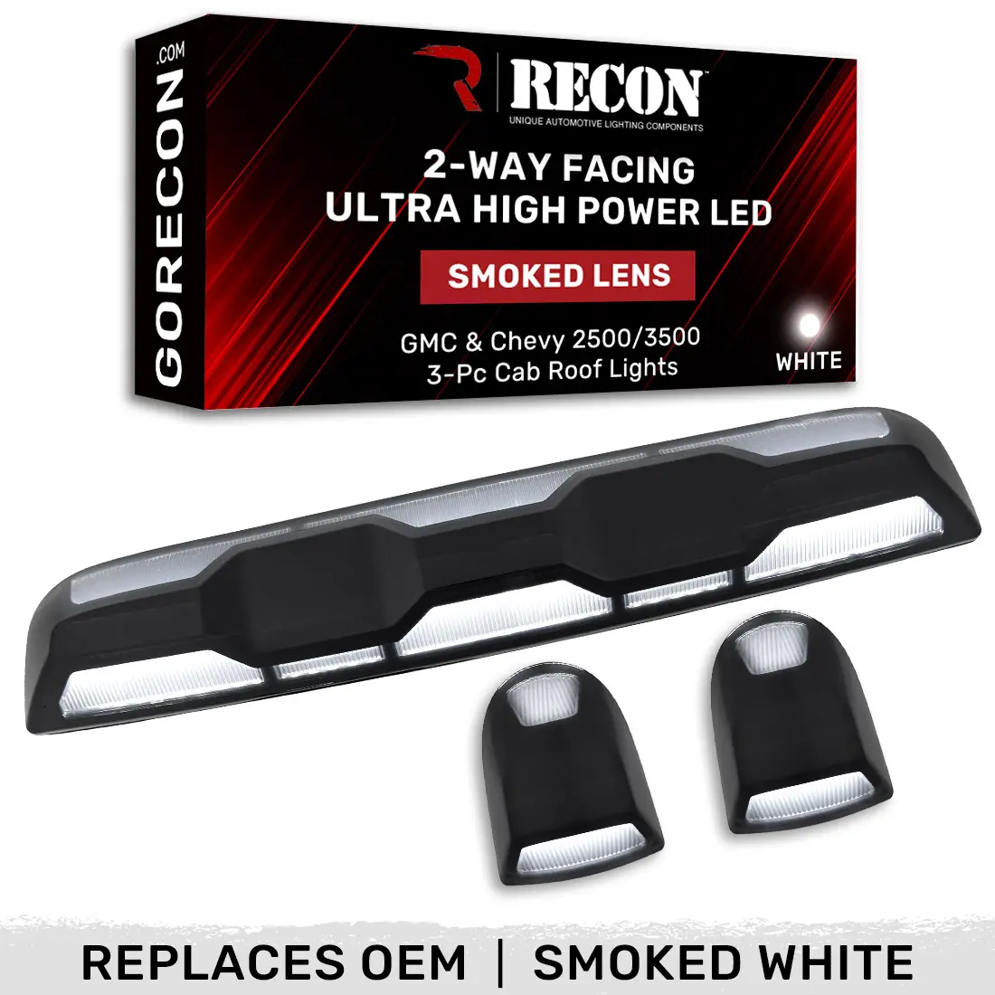 RECON GMC & Chevy 2020-2025 Heavy-Duty 3-PC Cab Roof Light Set 2-Way Front & Rear Facing Ultra High-Power White LEDs - (ATTN: This cab light kit replaces Factory/OEM installed cab roof lights) - Multiple Lens
