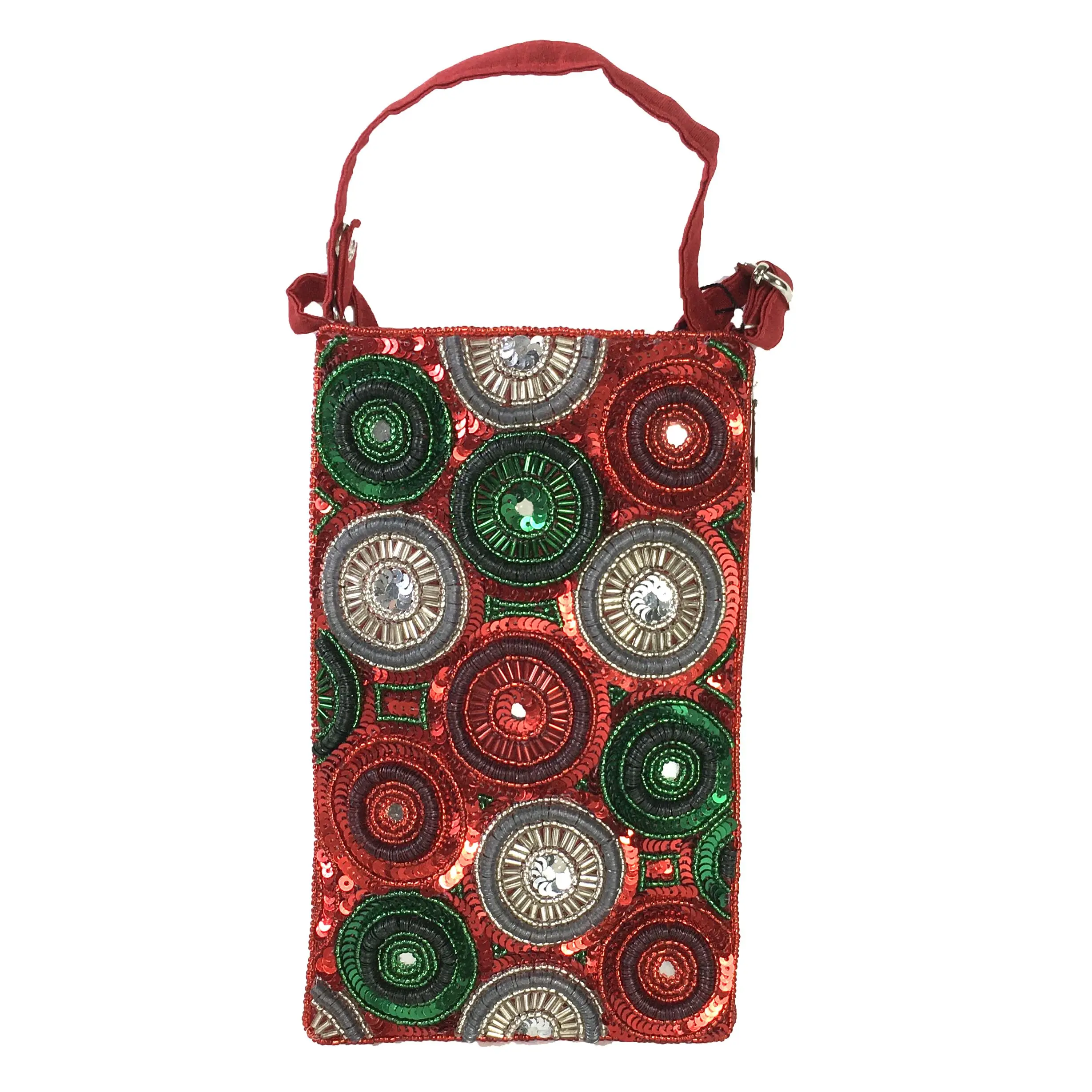Red Multi Christmas Kaleidoscope Beaded Crossbody Phone Bag - Holiday Club Handbag with Beaded Detail