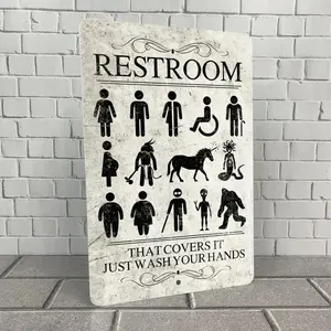 Funny Restroom Metal Sign: All-Inclusive Bathroom Decor Sign Black Humorous Mythical Creatures And People Icons With Text That Covers It Just Wash Your Hands For Bathroom Decor