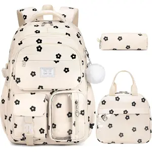 Backpack for Girls - Girls Backpack with Lunch Bag & Pencil Pouch for Teen  Laptop Backpack for Women, Elementary Middle High School Bookbag Travel Daypack (Beige Floral)