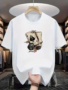 Soft Durable 100% Cotton Tshirt Men's Fashion Printed T-Shirt with Poker Cards & Dice Design Unisex Fit Breathable Comfortable Daily Wear