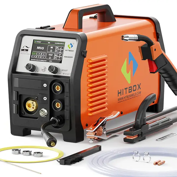 HITBOX HIM250DPP 8-in-1 Multipurpose Multiprocess Welding Machine - 110V/220V, Synergic MIG Welding, Double Pulse, Aluminum Capable, Built-in Pattern Database, Gasless Flux-Cored Wire, Stick, Lift TIG, LED Display, Safety Protection