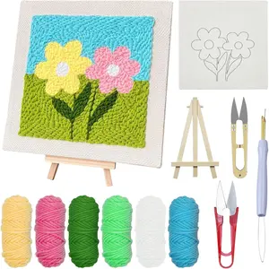 Punch  Starter Kit, Punch  Embroidery Kit Frame with Punch  Fabric, Hoop, Yarns, Punch  for Beginner (Chrysanthemums)