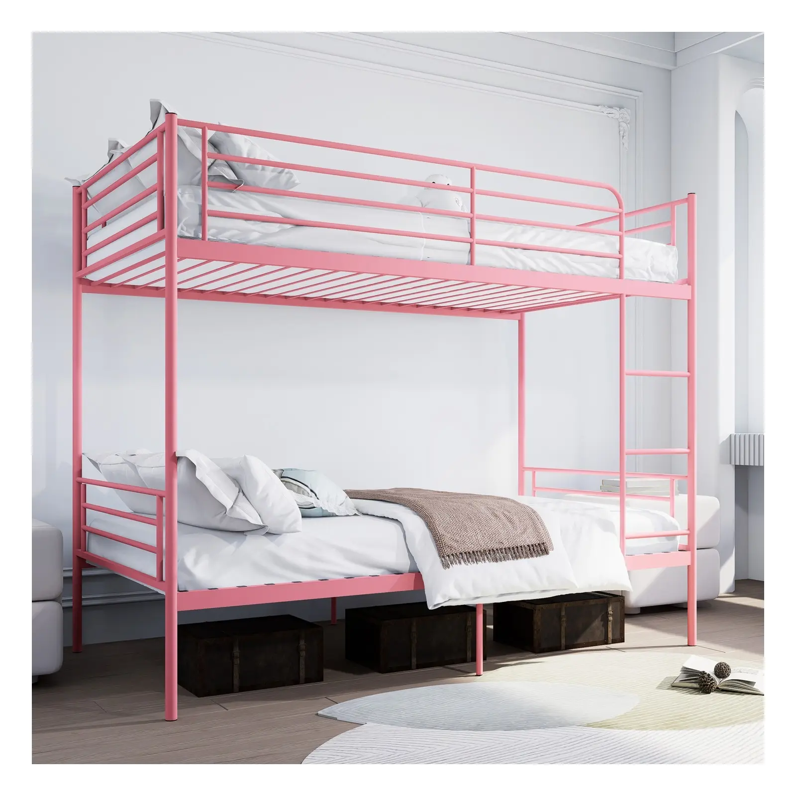 Twin Over Twin Metal Bunk Bed Frame with Guardrails, Ladder, No Box Spring Needed and Heavy-Duty Construction, Pink/Black/White