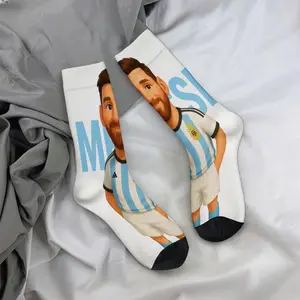 Mid-calf socks, Messi cartoon soccer star designs, celebrity merchandise, durable socks, unisex socks, a fan favorite, holiday gifts, birthday presents.
