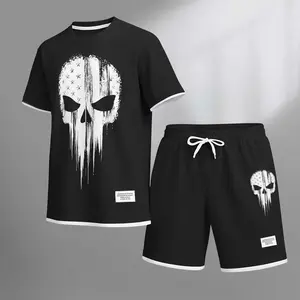 Men's Skull Print Shorts Set For Spring/Summer. A Casual Summer Outfit, Including A Short-Sleeved Shirt And Shorts, Suitable For Everyday Wear And Sports. A Two-Piece Set For A Relaxed And Energetic Lifestyle.
