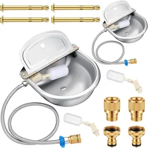 Automatic Animal Drinking Water Bowl, 304 Waterer for Dog Cattle Goat Pig, Livestock Water Trough Dispenser with Pipe Hose, 4 Float Valves, Quick Connecter, Expansion Bolt