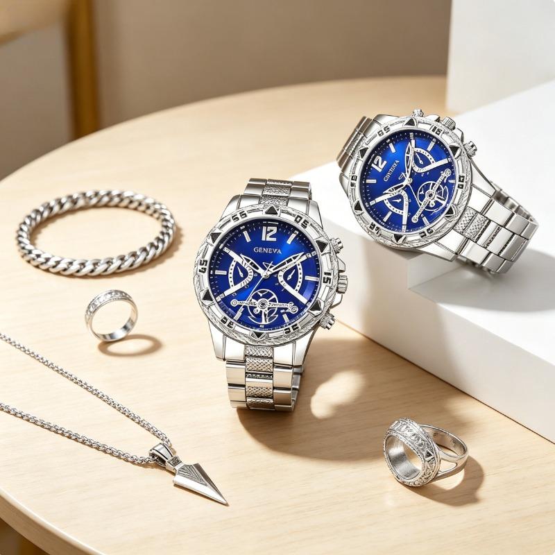 Viral 4-Piece Men’s Silver Kit | Blue Dial Watch + Cuban Bracelet & Ring Viral 4-Piece Men’s Silver Kit | Blue Dial Watch + Cuban Bracelet & Ring