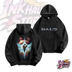 * Halo* video game series, featuring a character resembling Master Chief holding an energy sword against a cosmic background - Long Sleeve Cotton Unisex Vintage Hoodie