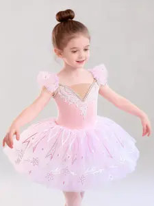 Girls’ Pink Frozen Princess Ballet Mesh Tutu Dress with Rhinestones and Puff Sleeves — Performance/Rehearsal Wear
