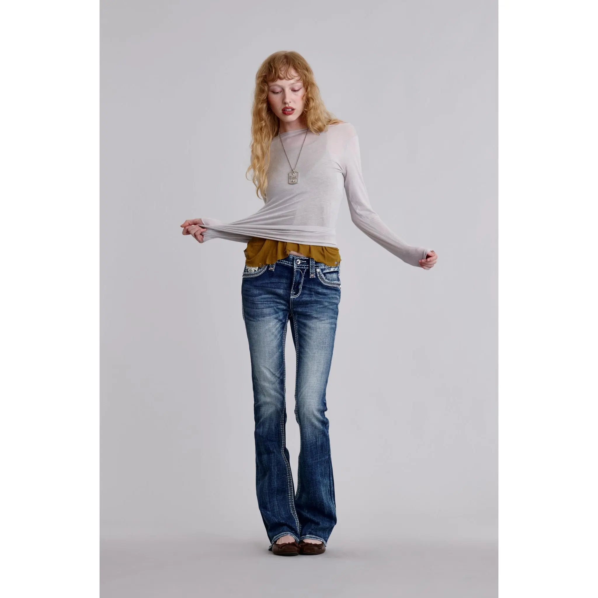 Women's Embellished Jeans in a Bootcut Fit | Medium Wash Stretch Denim with Leather and Fleur-de-Lis Embroidery