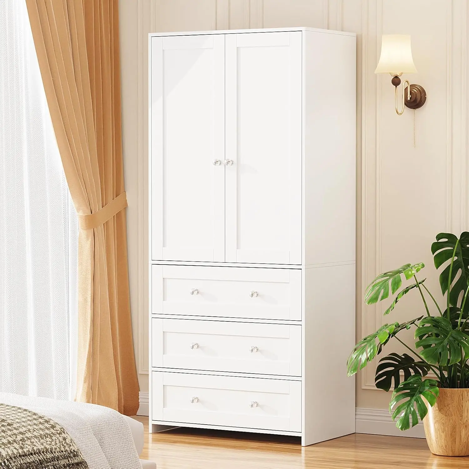 VOWNER 71" Wooden Freestanding Above-Ground Wardrobe Storage Unit - Armoire Cabinet with 2 Doors, Hanging Rod, Drawers, Built-In Mirror, Dual Compartmentalized Extra Storage, Anti-Tip Accessories for Bedroom Clothes Organization
