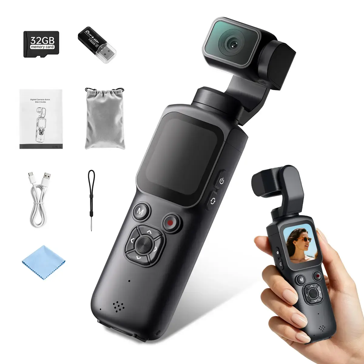 Compact 4K Pocket Vlogging Video Camcorder with  Face Tracking, 330° Rotating Lens, 1.72-Inch Touchscreen, WiFi, Recording, 32GB TF Card, Tripod, Cable, Port, Charging Function for YouTube, Travel, Father's Day Gifts (Gunmetal)