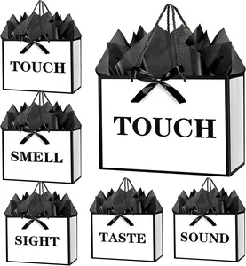 12.6" 5 Senses  Bags with Tissue Papers and Ribbons for Men, Women, Him Her Birthday, Anniversary, Wedding, Valentine's Day (White Black)