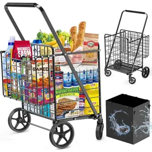 455 lbs heavy-duty folding shopping cart with wheels, large dual basket utility cart with waterproof liner for transporting groceries, laundry, luggage, and gifts