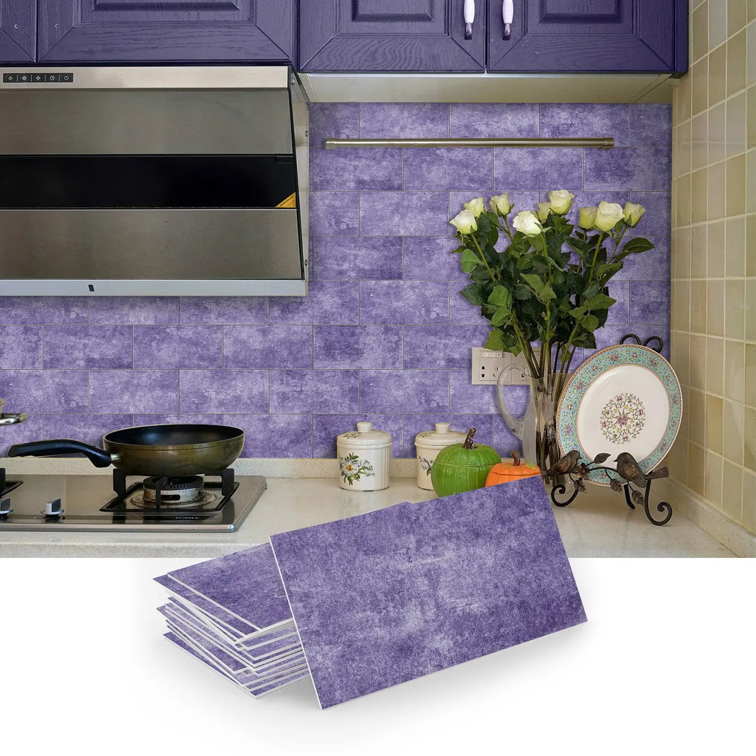 16/32/64PCS/Box SJM 3D Self-Adhesive Vintage Purple Tile-Texture Wall Stickers Interior Wall | PE Foam Thickened Crystal Film | Waterproof Moisture-Proof | Perfect for Kitchen/Bathroom/Laundry Room/Camper/Fireplace DIY Decor