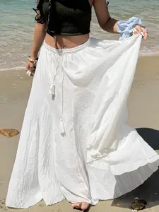 Women's Boho Bohemian Vacation Vibe Flowing Long Skirt, Solid Color, Drawstring Adjustable Elastic Waist, A-Line Loose Fit, Casual Summer Fairycore Skirt