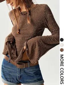 Women's Solid Color Knitted Lace Patchwork Flare Sleeve Tee, Casual Regular Fit T-Shirt for Women, Stylish and Comfortable