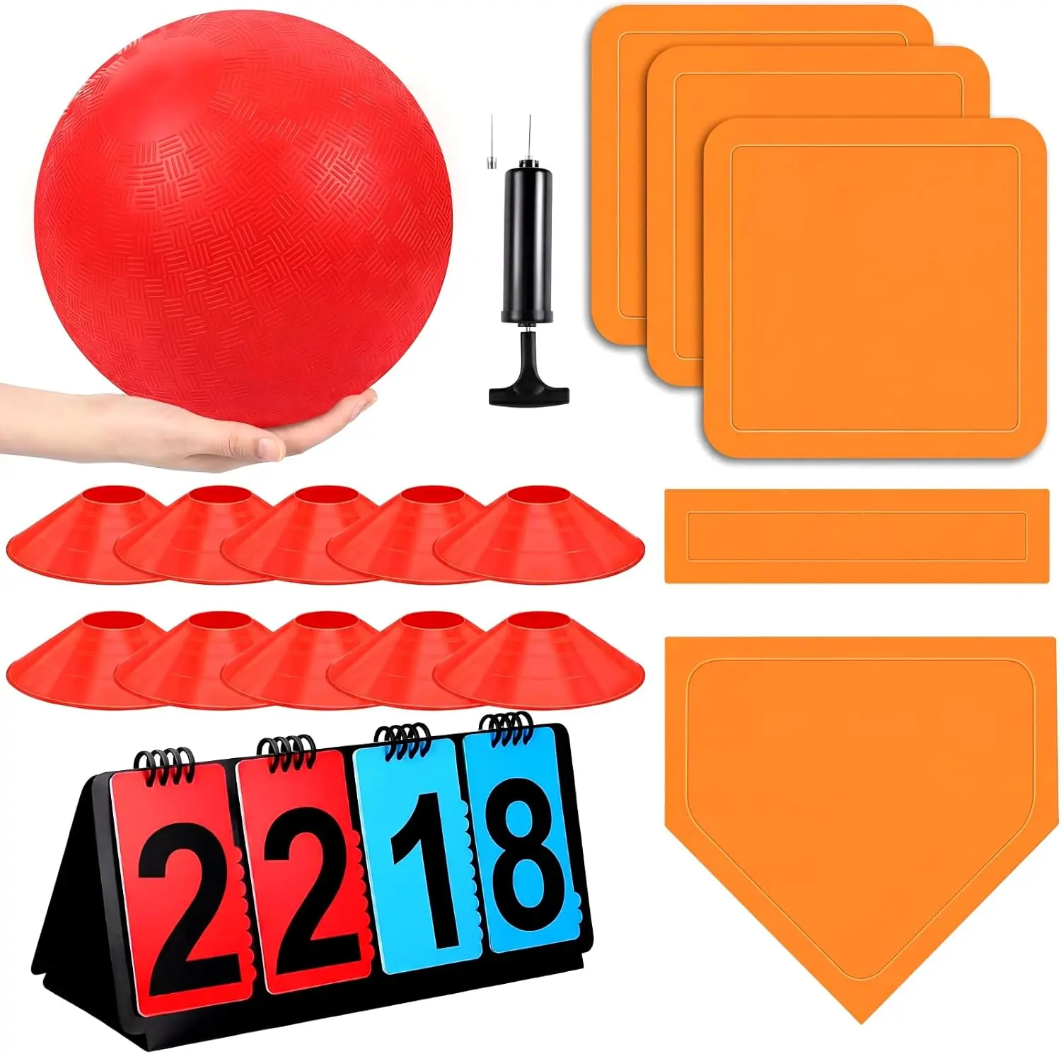 Unisex 18-Piece Rubber Kickball Set for Adults, Outdoor Backyard Game with 10-Inch Orange Ball, Bases, Cones, Ball Pump, Scoreboard & Net Bag