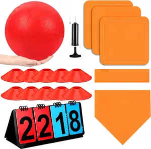 Unisex 18-Piece Rubber Kickball Set for Adults, Outdoor Backyard Game with 10-Inch Orange Ball, Bases, Cones, Ball Pump, Scoreboard & Net Bag