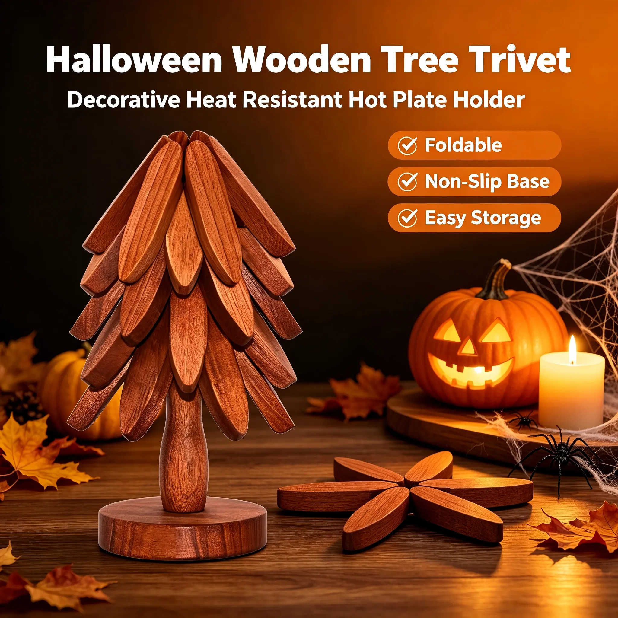 4 Pack Foldable Wooden Tree Shaped Trivet Set with Storage Stand, Heat Resistant Solid Wood Hot Dish Coasters, Unique Tree Decor Table Mats, Must Have Halloween Spooky Table Decor for Home Kitchen Party & Holiday Gift