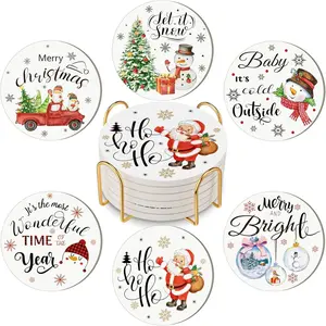 6 Pcs Valentine's Day Coasters Funny Bar Ceramic Drink Coasters Round Absorbent Coasters with Holder for Drinks Tabletop Protection Housewarming Birthday Mugs Cups Coffee Bar(Christmas)