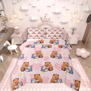 Cute Capybara Comforter Set,Axolotl Bedding Set for Kids Boys Women Men Girls Bedroom,Capybara Feeding Noodles to Salamanders Pink Comforter,Star Love Heart Polka Dot Quilt