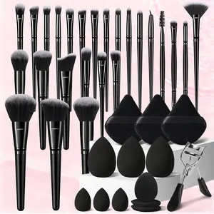38pcs Premium Cosmetic Brush Set, Complete Makeup Tools Collection - 25pcs Black Makeup Brushes, Blending Sponges, Triangle puff, Eyelash Curler, Mini Thumb Puffs, Professional Makeup Tools Suitable for All Skin Types
