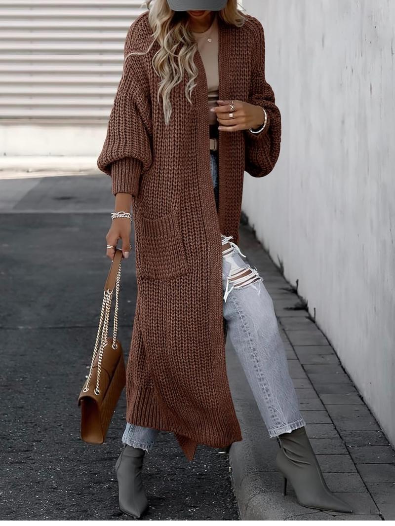 Long Cuff Sleeve Open Front Knit Long Duster Coat With Pockets