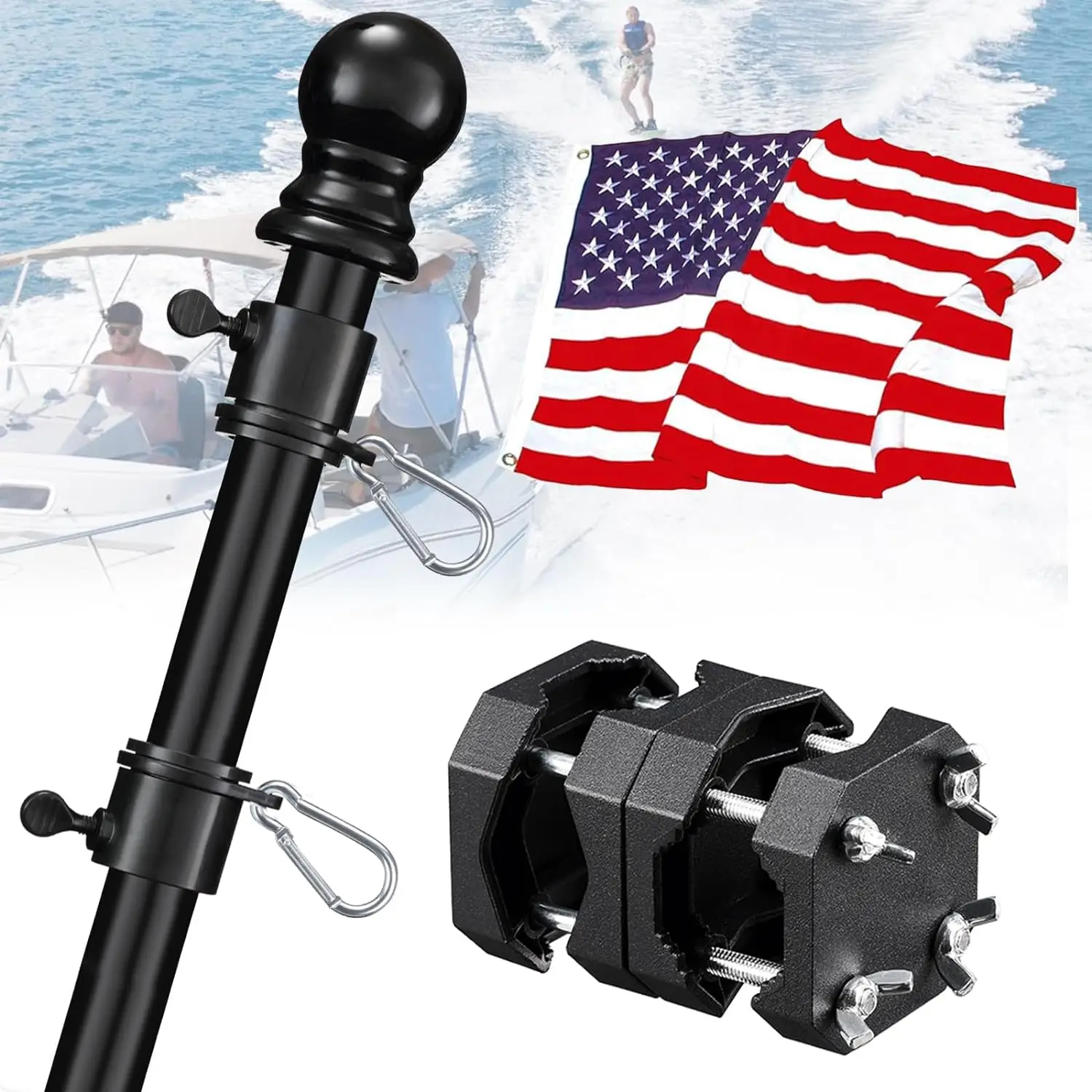 Barcetine Boat Flags Pole Kit with 12x18'' Embroidered US Flag-Marine Grade Stainless Flagpole Adjustable with Rod Rail Mount for Yacht Pontoon Truck