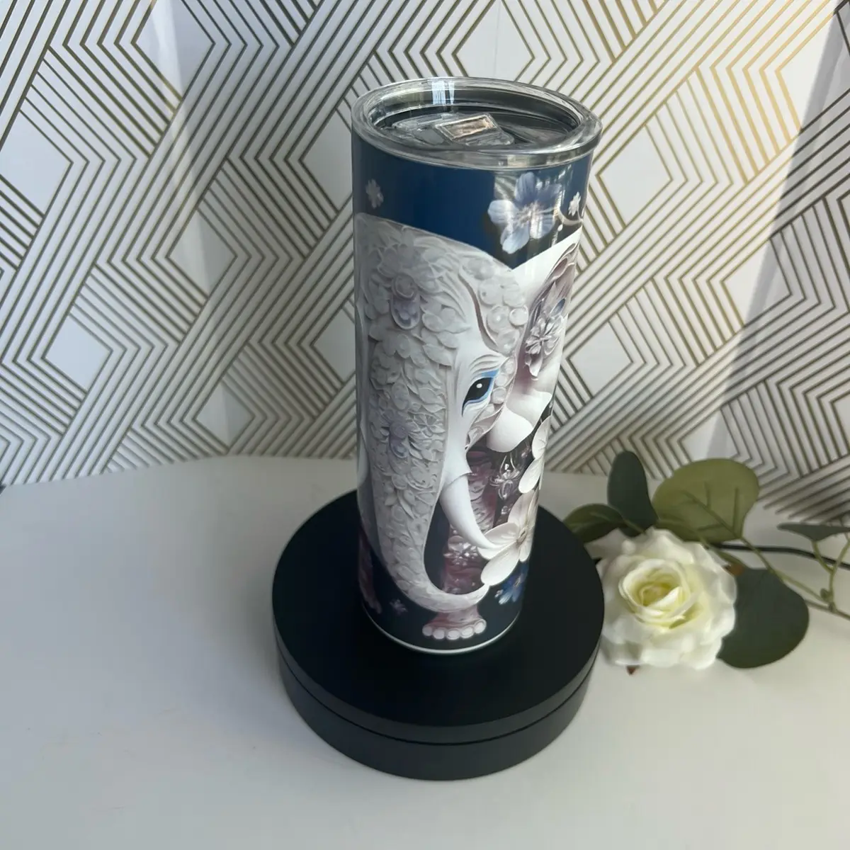 20oz Skinny Tumbler 3D Elephant with flowers design. Drinkware Bottle Cup Washable Reusable