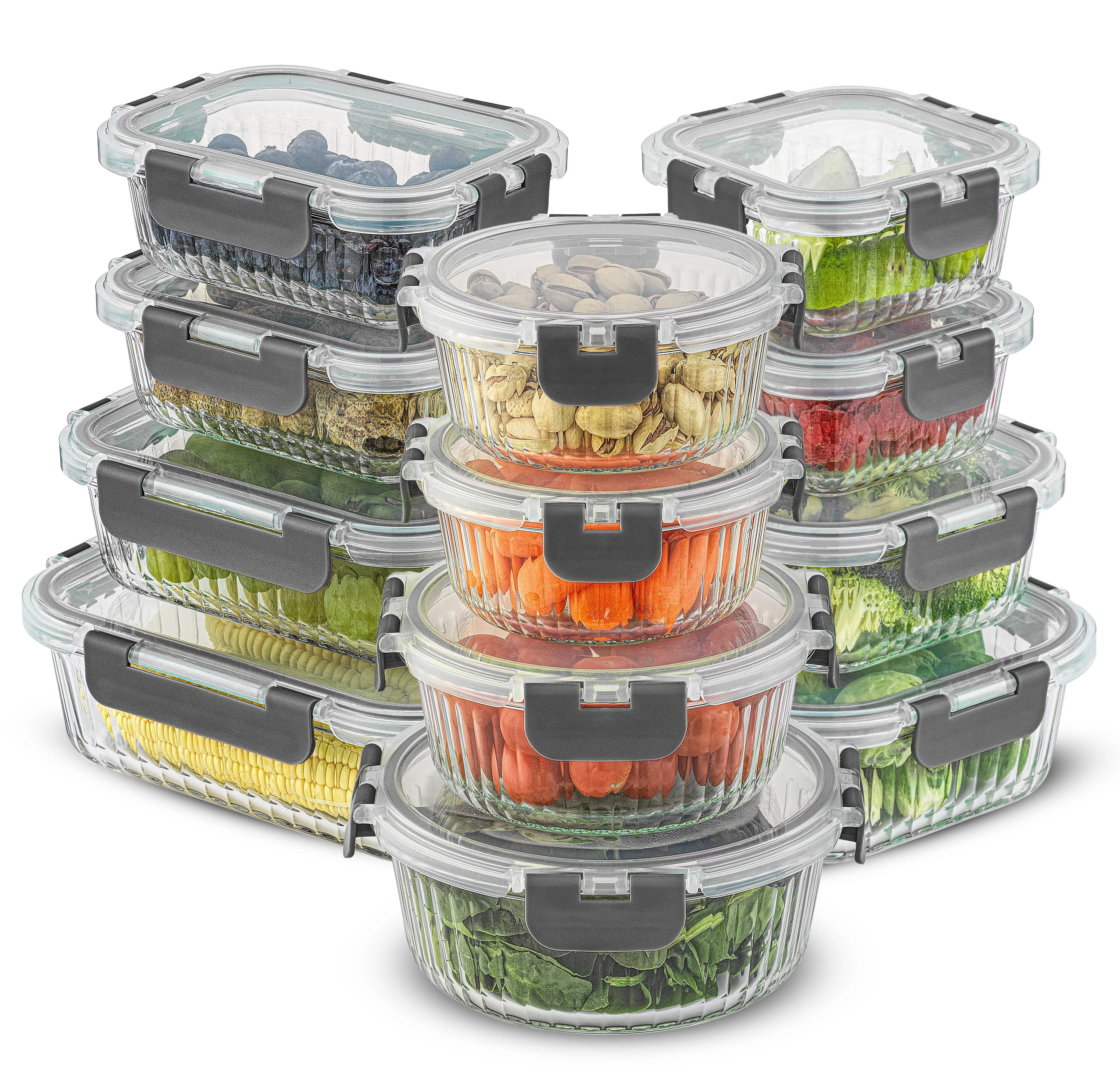JoyJolt 24-Piece Fluted Stackable Glass Food Storage Container Set - Kitchen Preserving Containers with Airtight Borosilicate Lids, Silicone Seals, Assorted Sizes, Oven-Safe, Durable Build