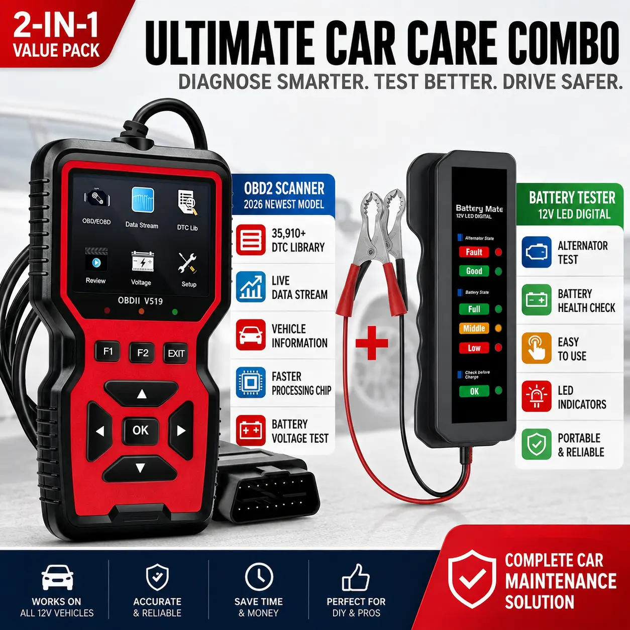 2-in-1 OBD2 Scanner & Battery Tester Combo, Car Diagnostic Scan Tool with Check Engine Code Reader, Live Data, Battery Voltage & Alternator Test for Most 12V Vehicles