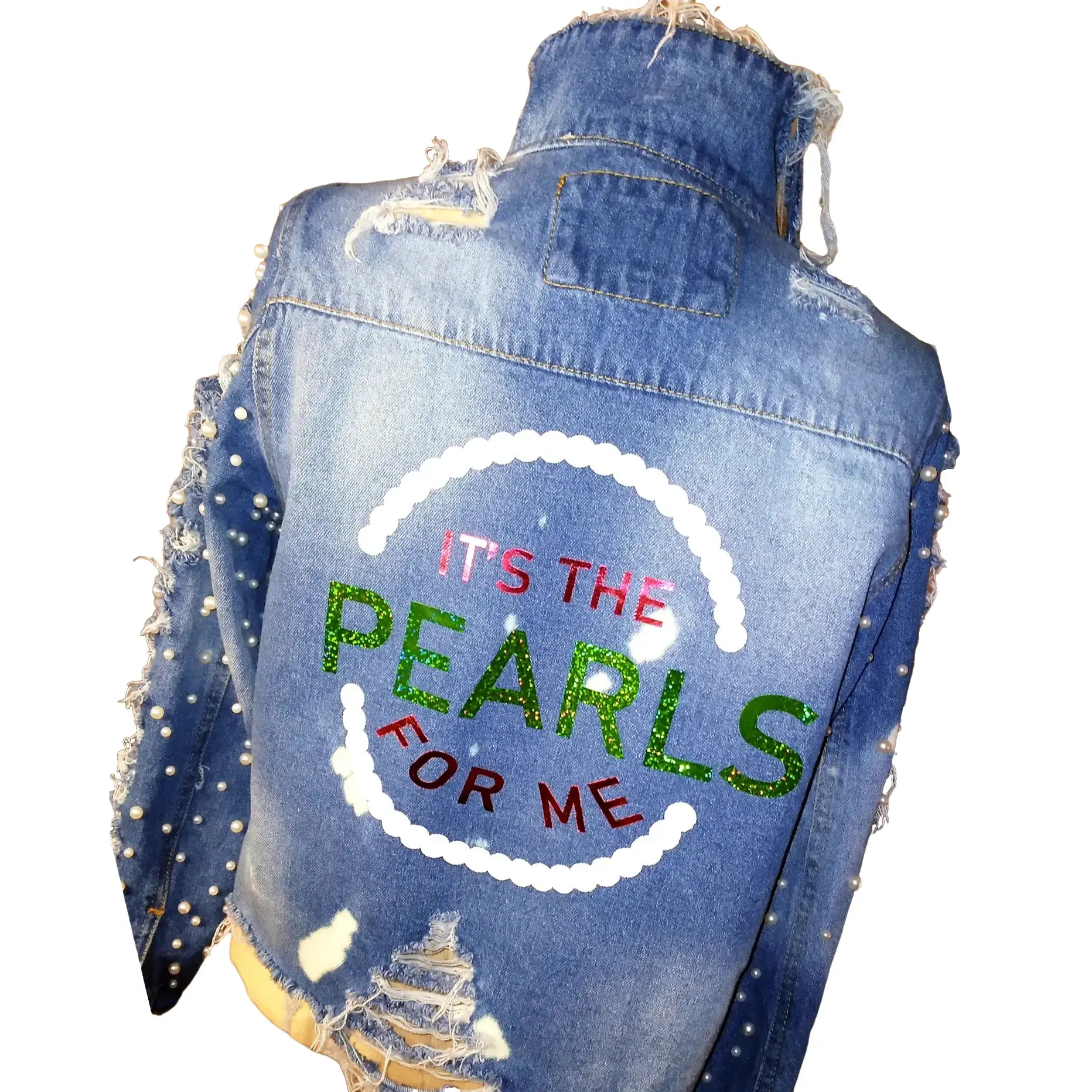Custom Denim Alpha Kappa Alpha "It's the Pearls for Me" Inspired Jean Jacket