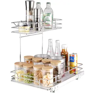 【Father's Day】VEVOR 2 Tier 12"W x 17"D Pull Out Cabinet Organizer, Heavy Duty Slide Out Pantry Shelves, Chrome-Plated Steel Roll Out Drawers, Sliding Drawer Storage for Inside Kitchen Cabinet, Bathroom, Under Sink Basket Racks