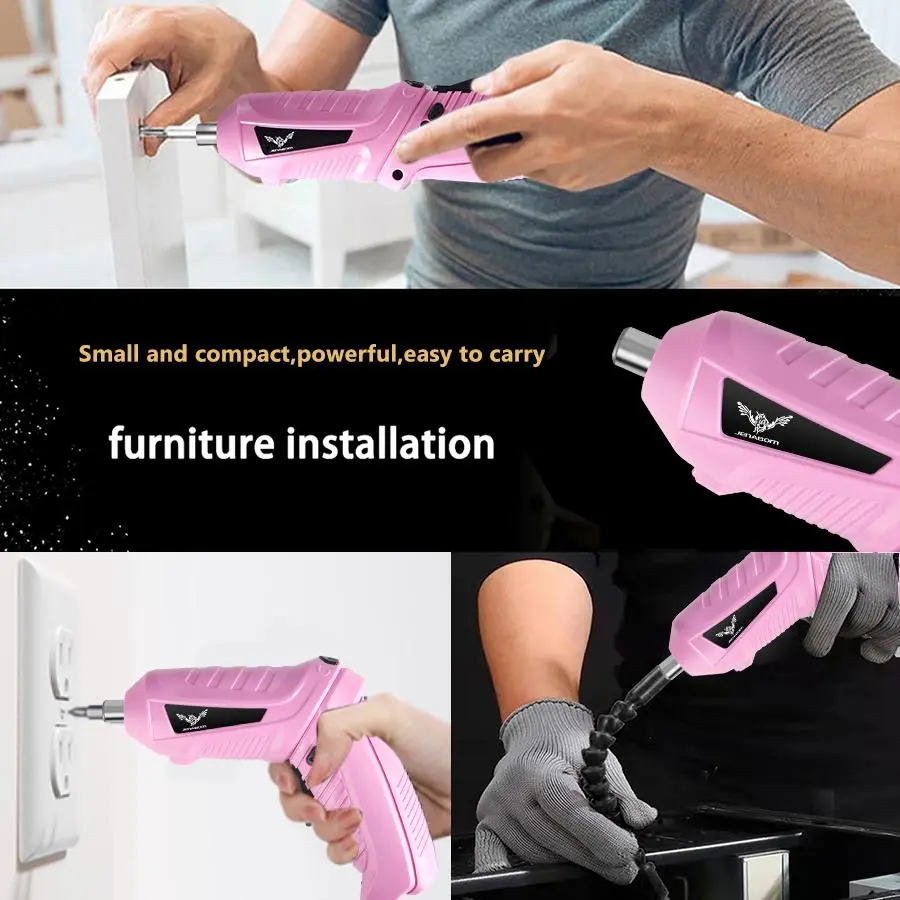 JENABOM 1pcs/8pcs/47pcs electric screwdriver, pink 3.6V cordless drill screwdriver with rechargeable Screwdriver Drill Kit, front LED light, suitable for small home projects, office DIY tools, Power Tool, Complete Tool Set