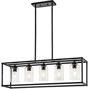 5 Light Matte Black Farmhouse Rectangular Chandelier Adjustable Height Hanging Pendant Light Fixture for Dining Room Kitchen Over Table Modern Industrial Living Room