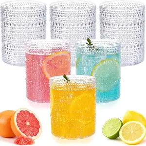 18PCS Plastic Hobnail Drinking Glasses 14 Oz Clear Vintage Mixed Drinkware Sets Disposable Beaded Cups for Beer Whiskey Juice Cocktail Wine Party