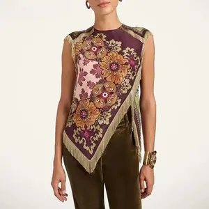 Women’s Ethnic Vintage Floral Print Top — Elegant Round Neck, Tassel Detailing, Side Slit, Asymmetrical Hem, Sleeveless, Zip Closure, Summer Blouse/Shirt