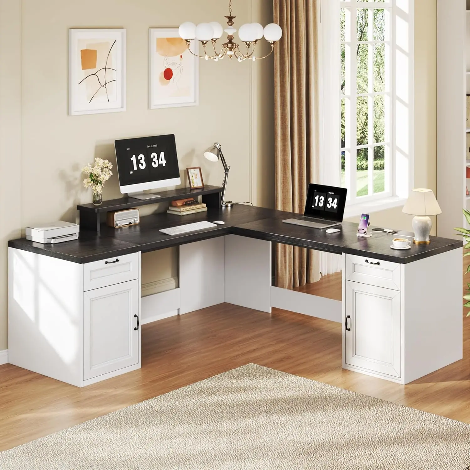 78" Farmhouse L Shaped Executive Desk with Drawers, Modern Computer Desk with Power Outlets, Office Writing Desk with Monitor Stand & Storage Cabinet, Printer Shelf, Antique White