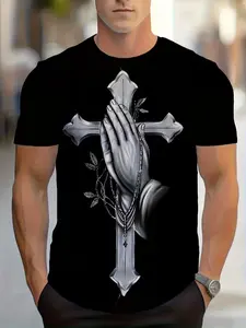100% Cotton "Praying Hands" Men's Black Graphic T-Shirt - Unique design featuring a cross and delicate praying hands surrounded by green leaves | Casual yet spiritual, suitable for everyday wear | Perfect for those who appreciate meaningful art