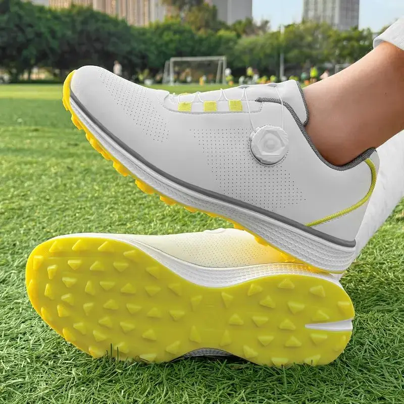 Men's Casual Athletic Golf Shoes, Waterproof Studless Training Shoes,outdoor competition，Dial-Pull Drawstring, Lightweight Leather, Non-Slip Wide Sole, Best-Selling Model, Professional Practice Shoes White