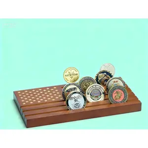 American Flag Collectible Coins Display Stand Wooden Challenge Coin Holder 6 Row Shelves Reusable Wall Mounted Organizer Case for Military Collection