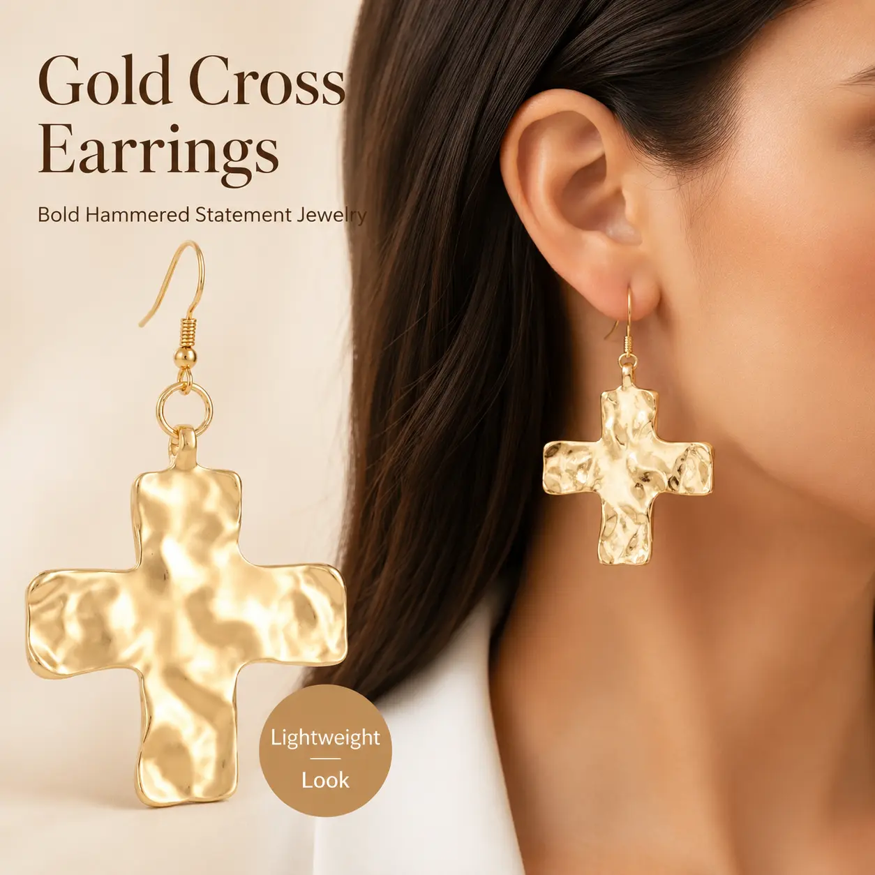 Bold Chunky Hammered Cross Dangle Earrings for Women, Gold Statement Cross Earrings, Trendy Large Hook Earrings, Faith Jewelry Gift