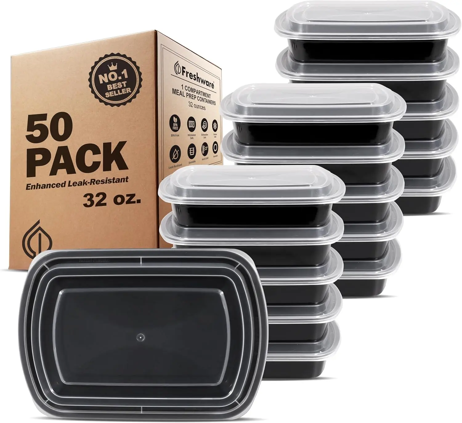 Tupperware 32oz Heavy-Duty Plastic Food Storage Containers - 50-Pack Reusable 1-Compartment Bento Boxes with Lids, BPA-Free, Stackable, Anti-Leak, Microwave/Dishwasher/Freezer-Safe Kitchen Organizer