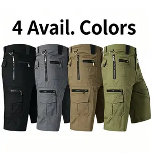 Men’s pure cotton tactical cargo shorts, 5-inch length, available in four colors, multi-pocket design, wear-resistant fabric, zipper closure, suitable for outdoor hiking and casual wear in summer.