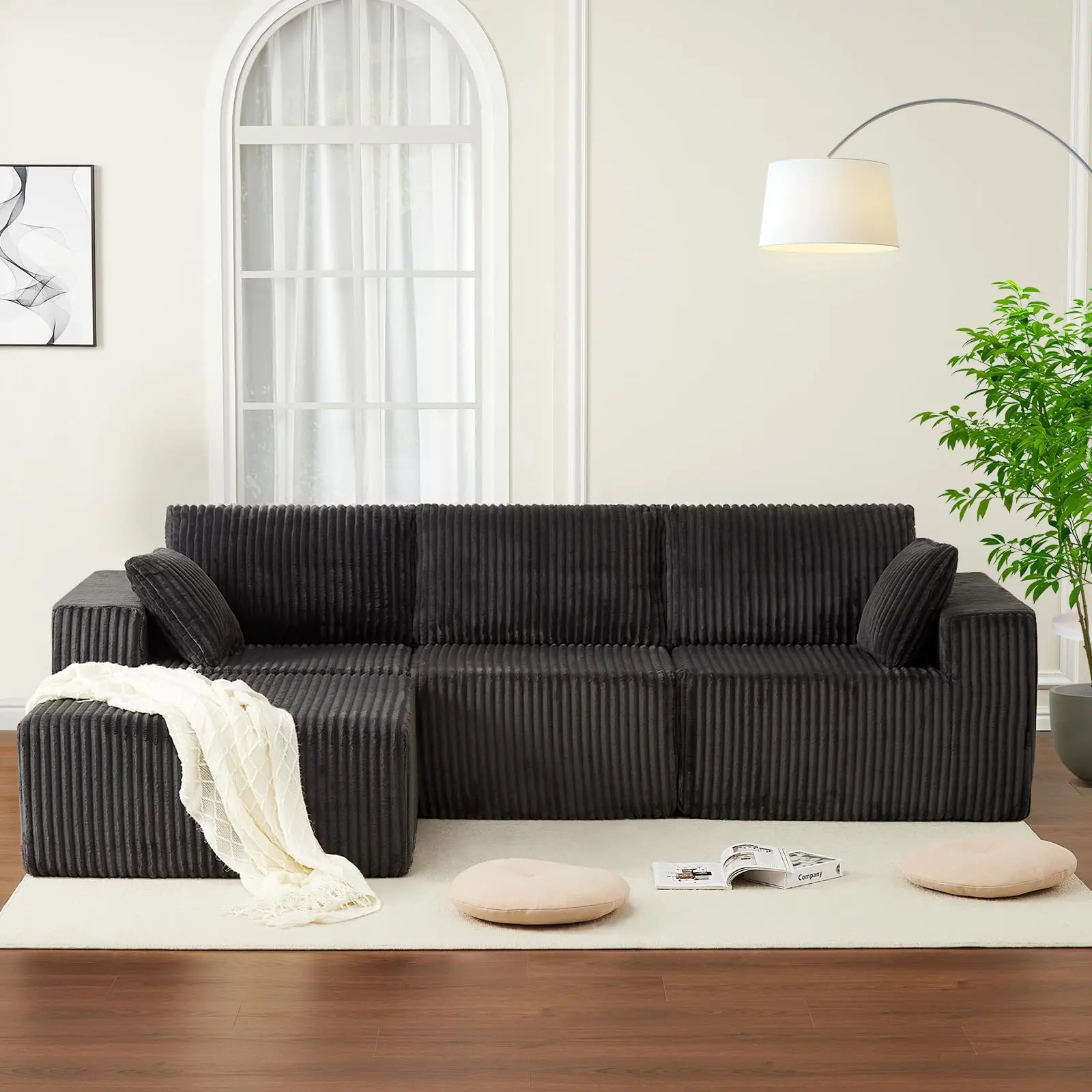 Garvee 108 in Modular Sectional Sofa, Corduroy Sponge Compression Sofas with Deep Seat, Memory Foam Sofa for Living Room Bedroom, No Assembly Required