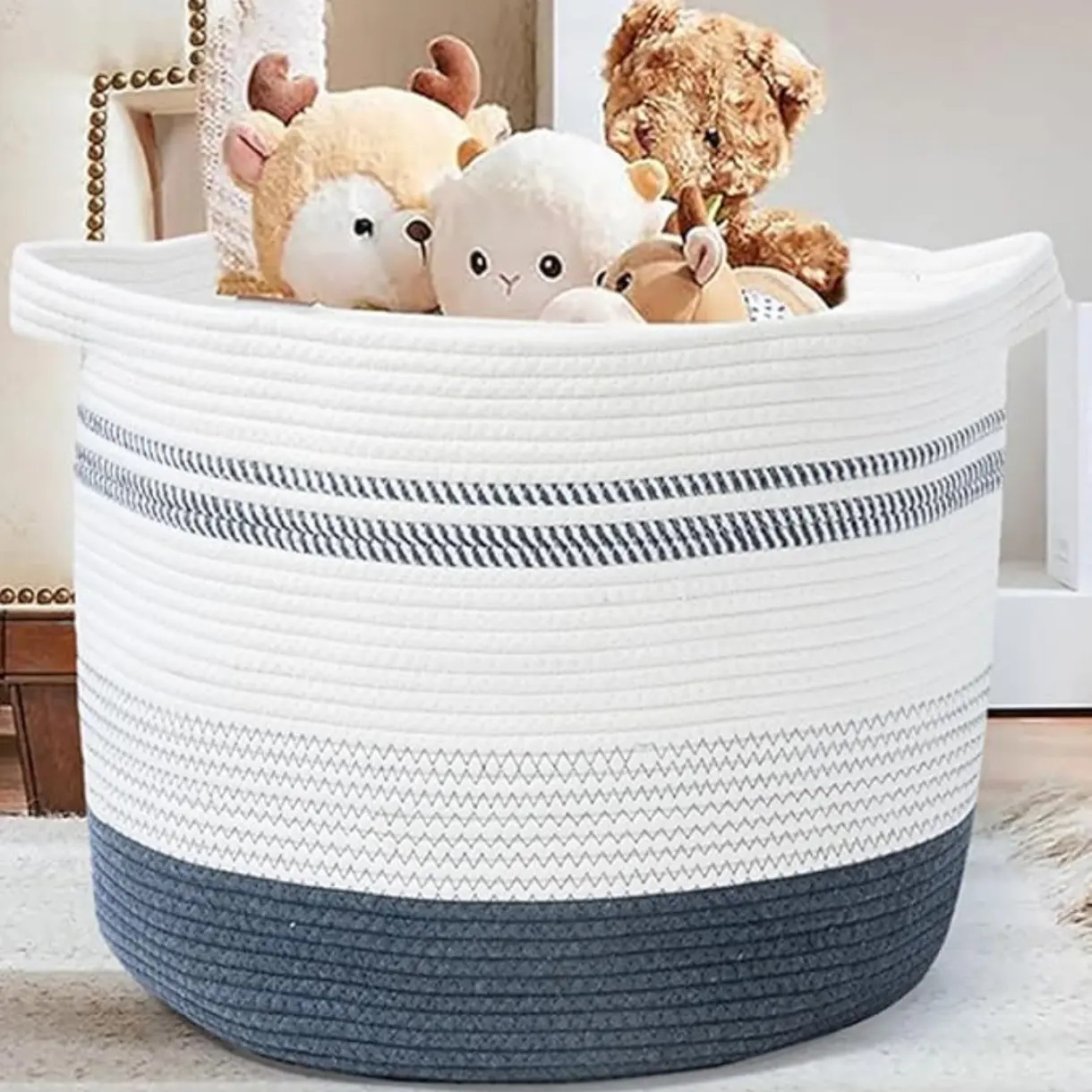 Blanket Basket 100% Cotton Rope Woven Baskets for Storage - 22"Wx14"H 90L XXX-Large Laundry Basket with Soft Handle Rope Basket for Living Room, Toy, Pillow & Clothes - Grey & White woven storage